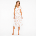 Women's white orange floral pleated short-sleeve midi dress - front