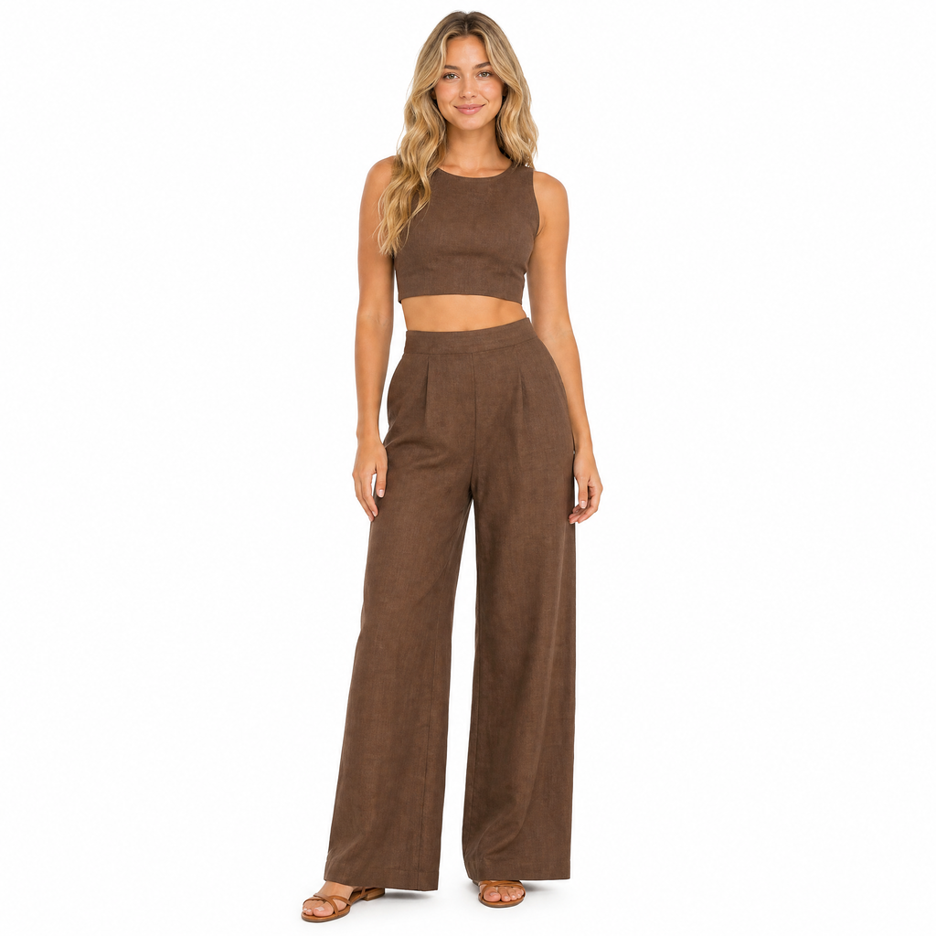 Women's brown linen crop top and wide-leg trouser set - front