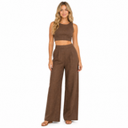 Women's brown linen crop top and wide-leg trouser set - front