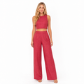 Women's rose red linen crop top and wide-leg trouser set - front
