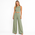 Women's green linen crop top and wide-leg trouser set - front