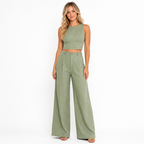 Women's green linen crop top and wide-leg trouser set - front