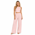 Women's pink linen crop top and wide-leg trouser set - front