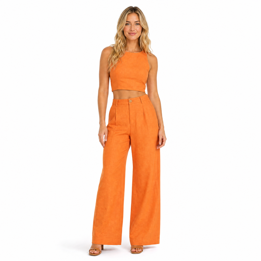 Women's orange linen crop top and wide-leg trouser set - front
