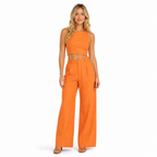 Women's orange linen crop top and wide-leg trouser set - front