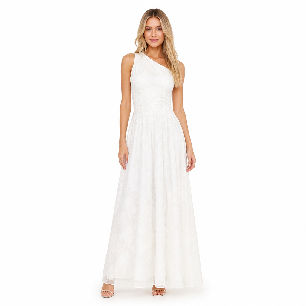 Women's white jacquard chiffon maxi dress front view