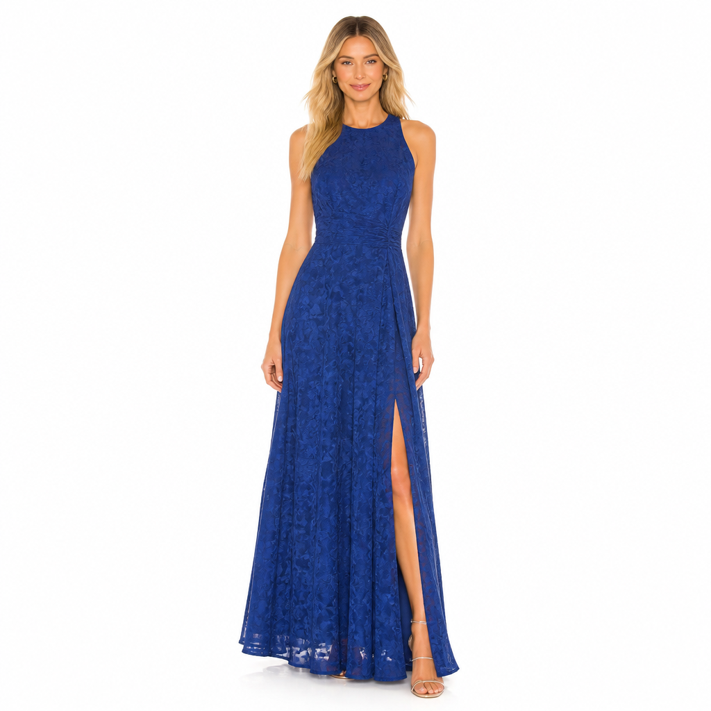 Women's blue jacquard chiffon maxi dress front view