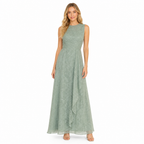 Women's green jacquard chiffon maxi dress front view