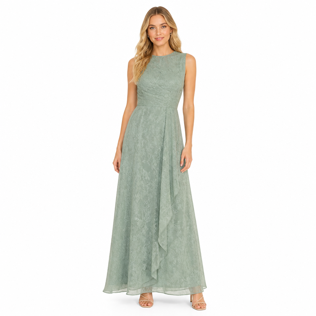 Women's green jacquard chiffon maxi dress front view
