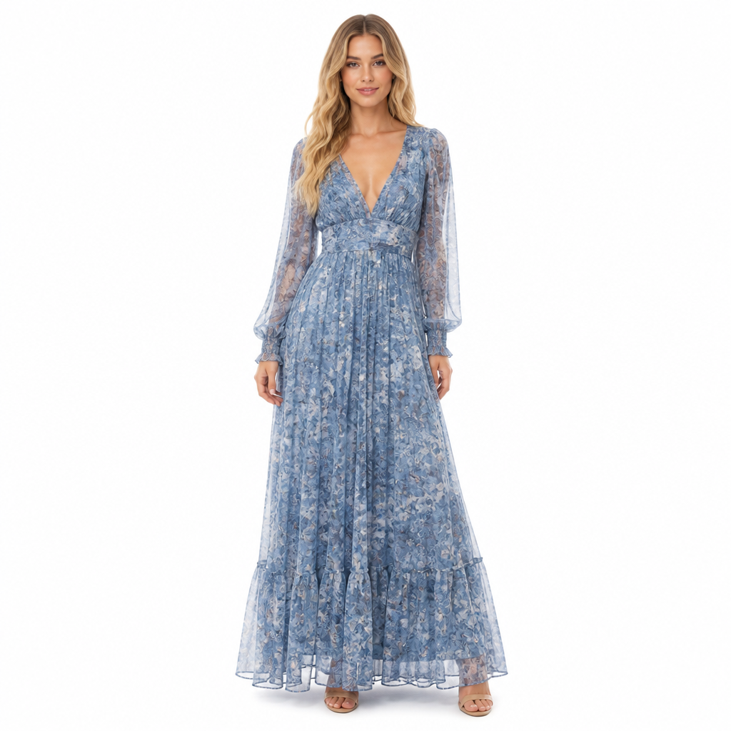 Women's floral blue long-sleeve chiffon bohemian maxi front view