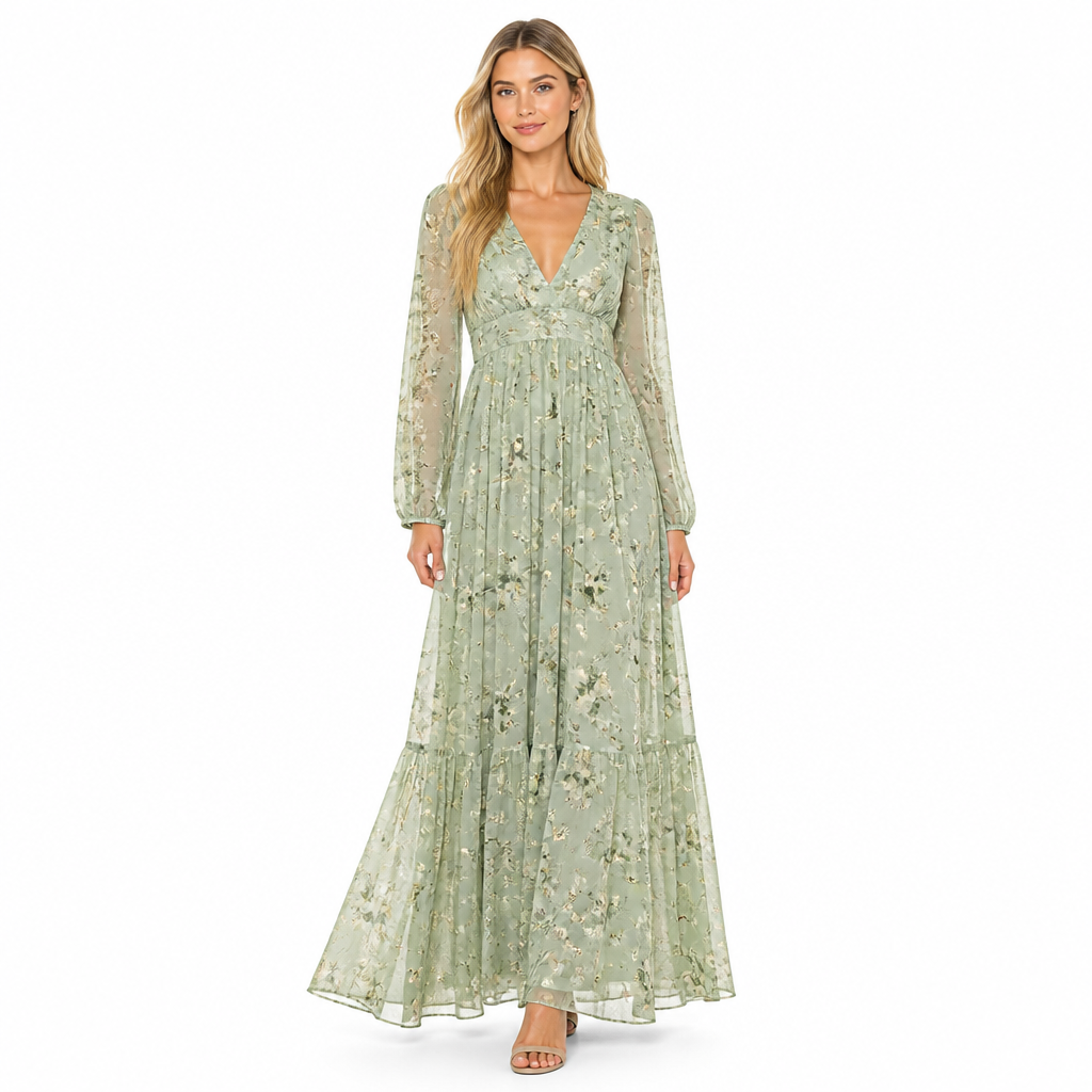 Women's floral green long-sleeve chiffon bohemian maxi front view