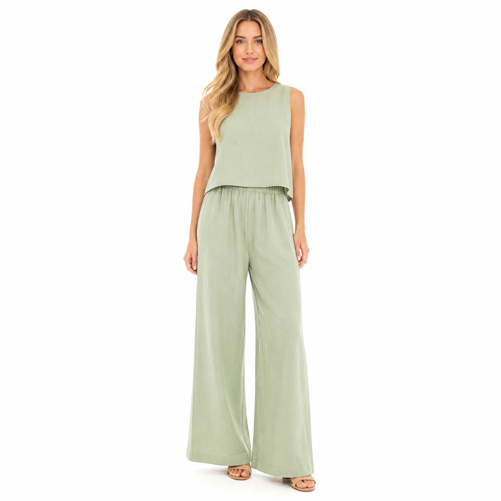 Women's green cotton linen sleeveless blouse and wide-leg trouser set front view