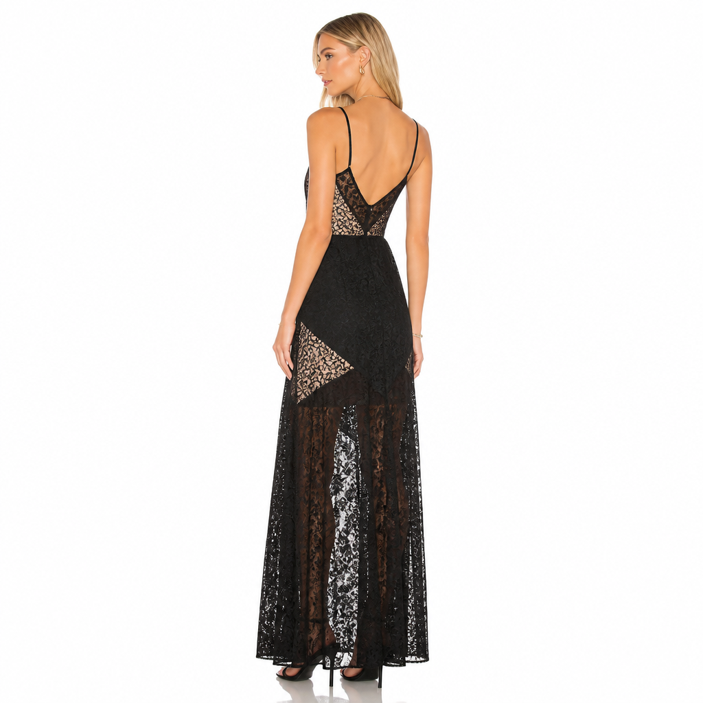Women's black lace V-neck patchwork maxi dress back view