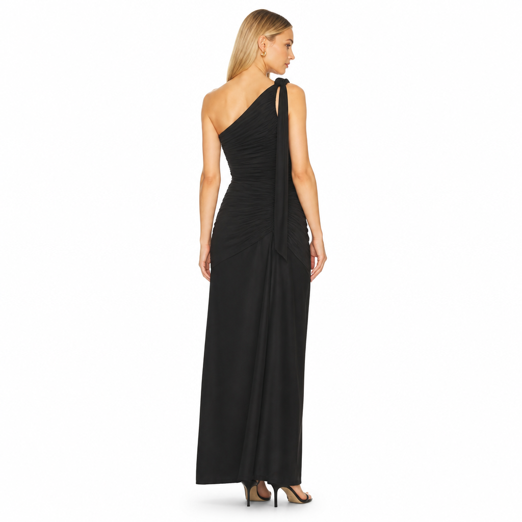 Women's black one-shoulder ruched maxi dress back view