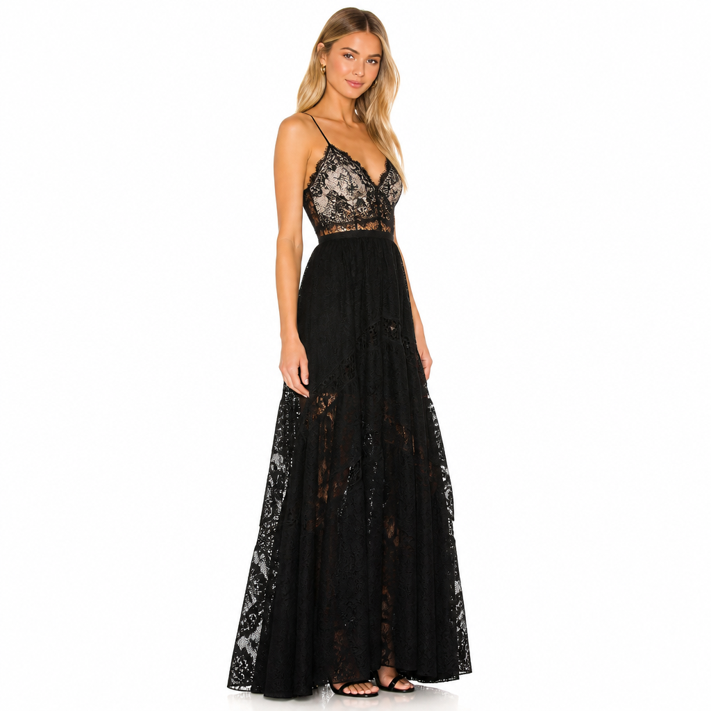 Women's black lace V-neck patchwork maxi dress side view