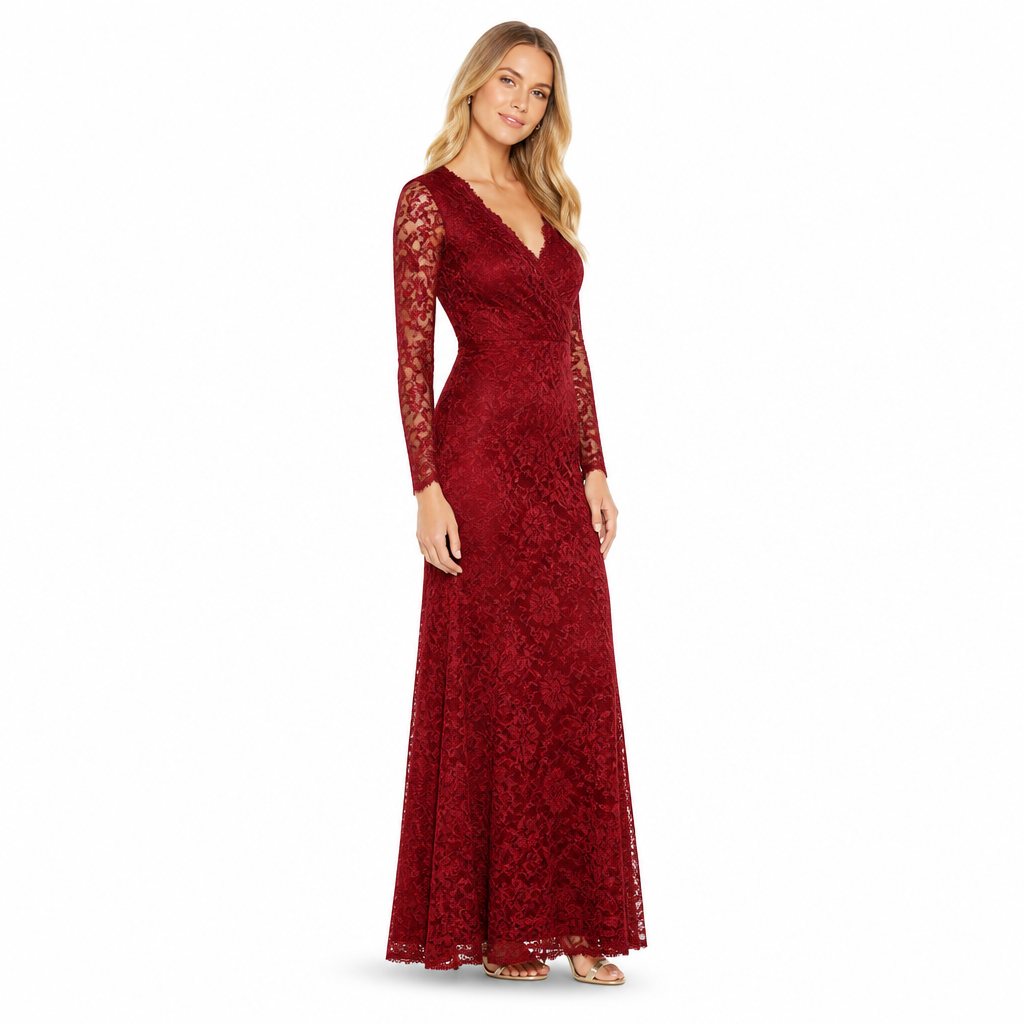 Women's red long-sleeve lace maxi evening dress side view