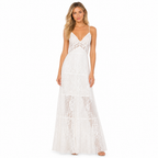 Women's white lace V-neck patchwork maxi dress front view