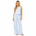 Women's blue cotton linen sleeveless blouse and wide-leg trouser set front view