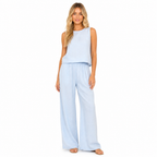 Women's blue cotton linen sleeveless blouse and wide-leg trouser set front view