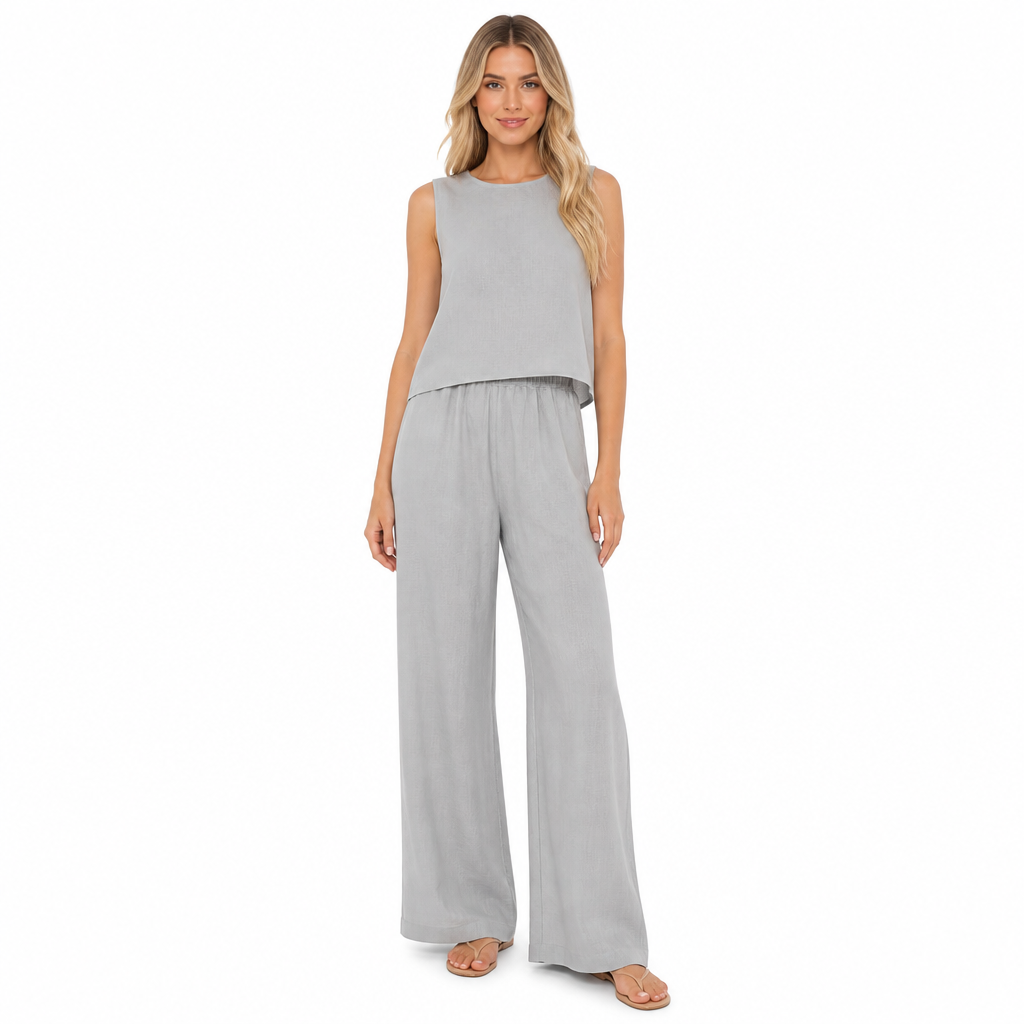 Women's grey cotton linen sleeveless blouse and wide-leg trouser set front view