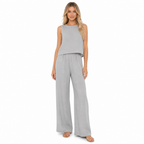 Women's grey cotton linen sleeveless blouse and wide-leg trouser set front view