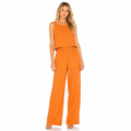 Women's orange cotton linen sleeveless blouse and wide-leg trouser set front view