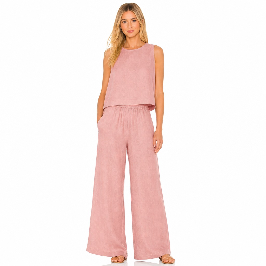 Women's pink cotton linen sleeveless blouse and wide-leg trouser set front view