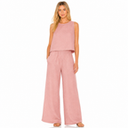 Women's pink cotton linen sleeveless blouse and wide-leg trouser set front view