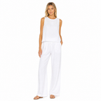 Women's white cotton linen sleeveless blouse and wide-leg trouser set front view