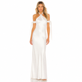 Women's white satin ribbon halter maxi dress front view