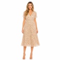 Women's beige floral chiffon V-neck pleated midi dress front view