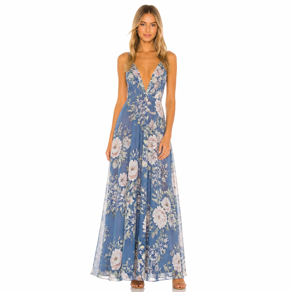 Women's blue floral plunge V-neck maxi dress front view