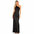 Women's black satin one-shoulder maxi front view
