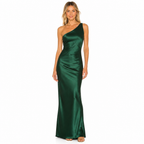 Women's green satin one-shoulder maxi front view
