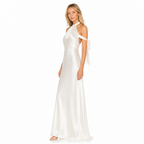 Women's white satin ribbon halter maxi side view