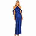 Women's blue satin ribbon halter maxi front view