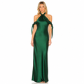 Women's green satin ribbon halter maxi front view