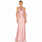 Women's pink satin ribbon halter maxi front view