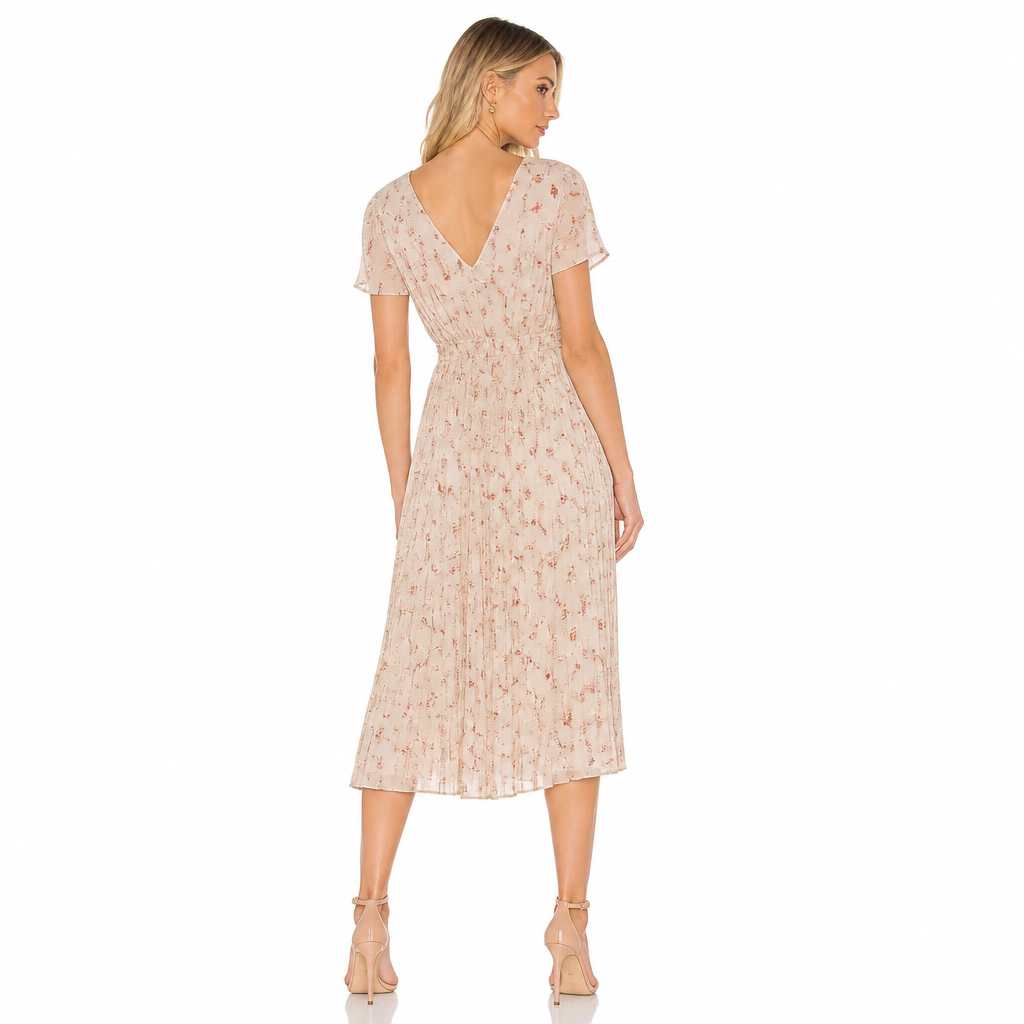 Women's beige floral chiffon V-neck midi back view