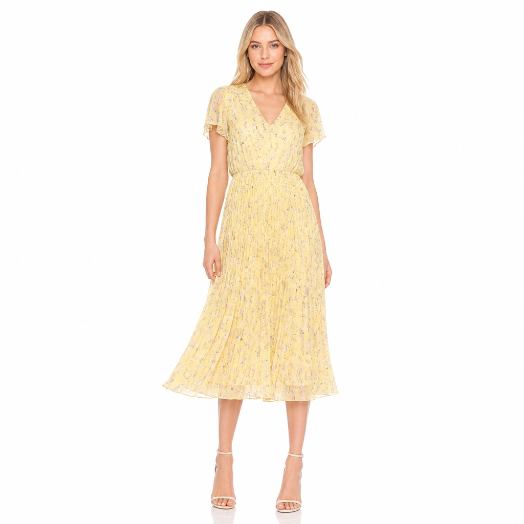 Women's yellow floral chiffon V-neck midi front view