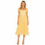Women's yellow floral chiffon square collar midi front view