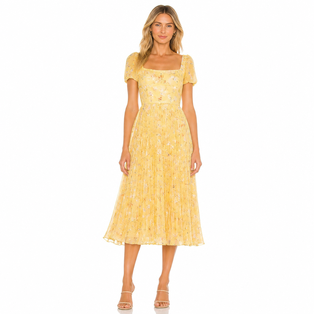 Women's yellow floral chiffon square collar midi front view
