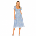 Women's blue floral chiffon square collar midi front view