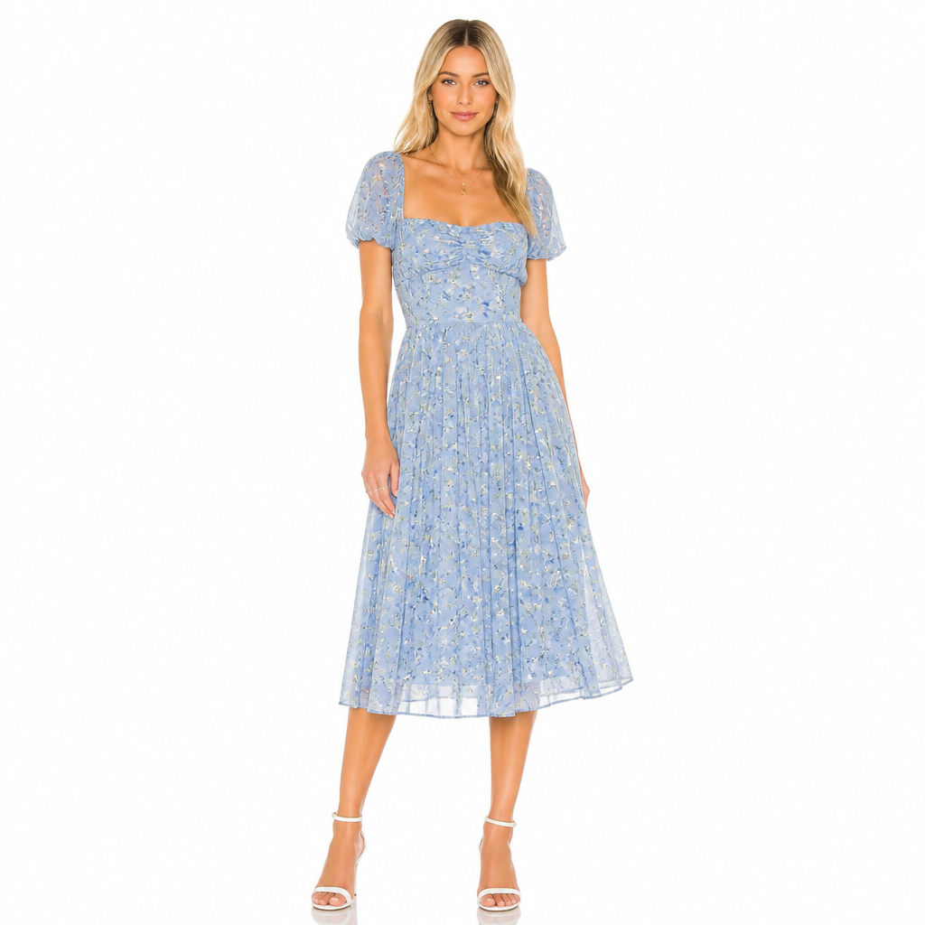 Women's blue floral chiffon square collar midi front view
