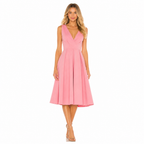 Women's pink V-neck vintage retro pin-up midi dress front view