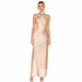 Women's beige satin turtleneck maxi front view