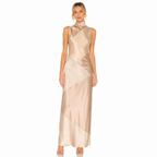 Women's beige satin turtleneck maxi front view
