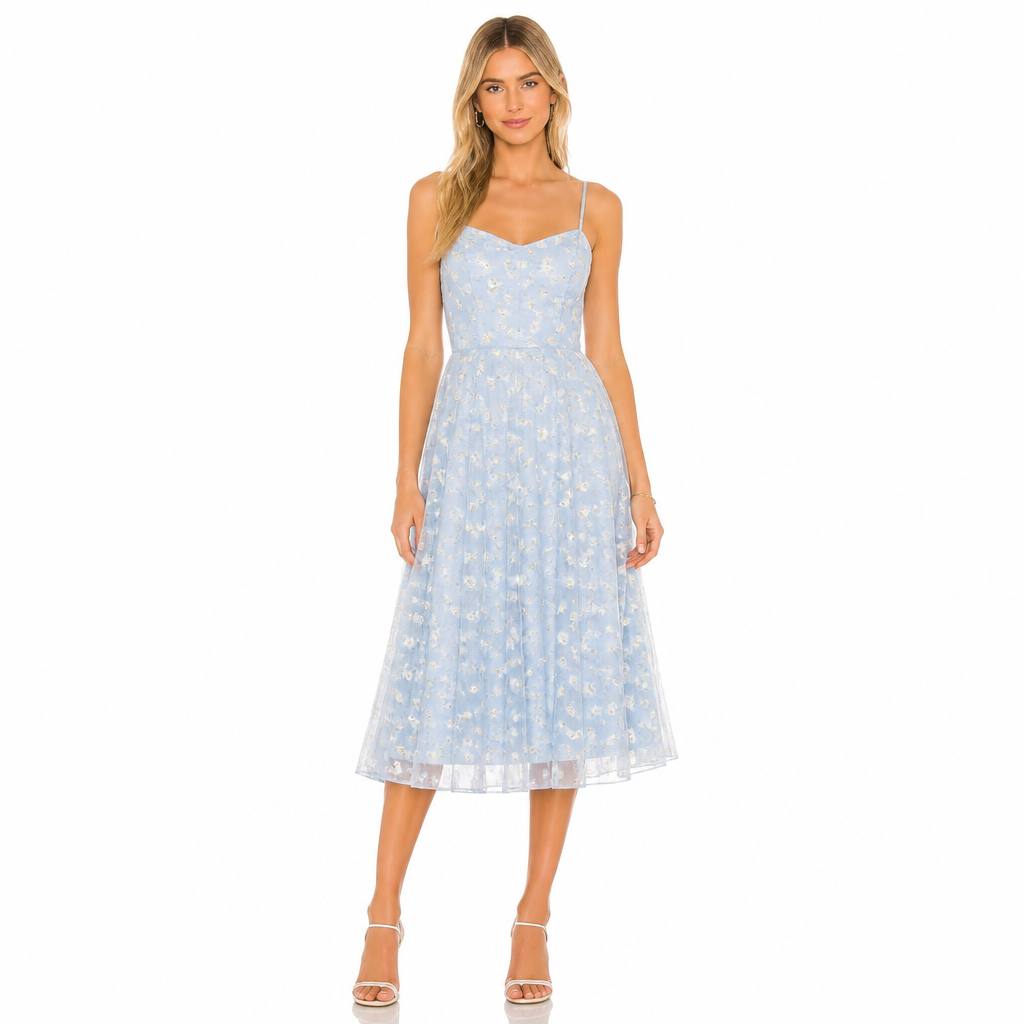 Women's blue daisy floral mesh midi front view