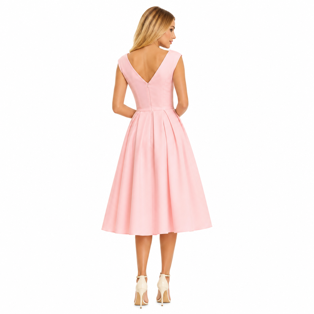 Women's pink vintage pin-up midi back view
