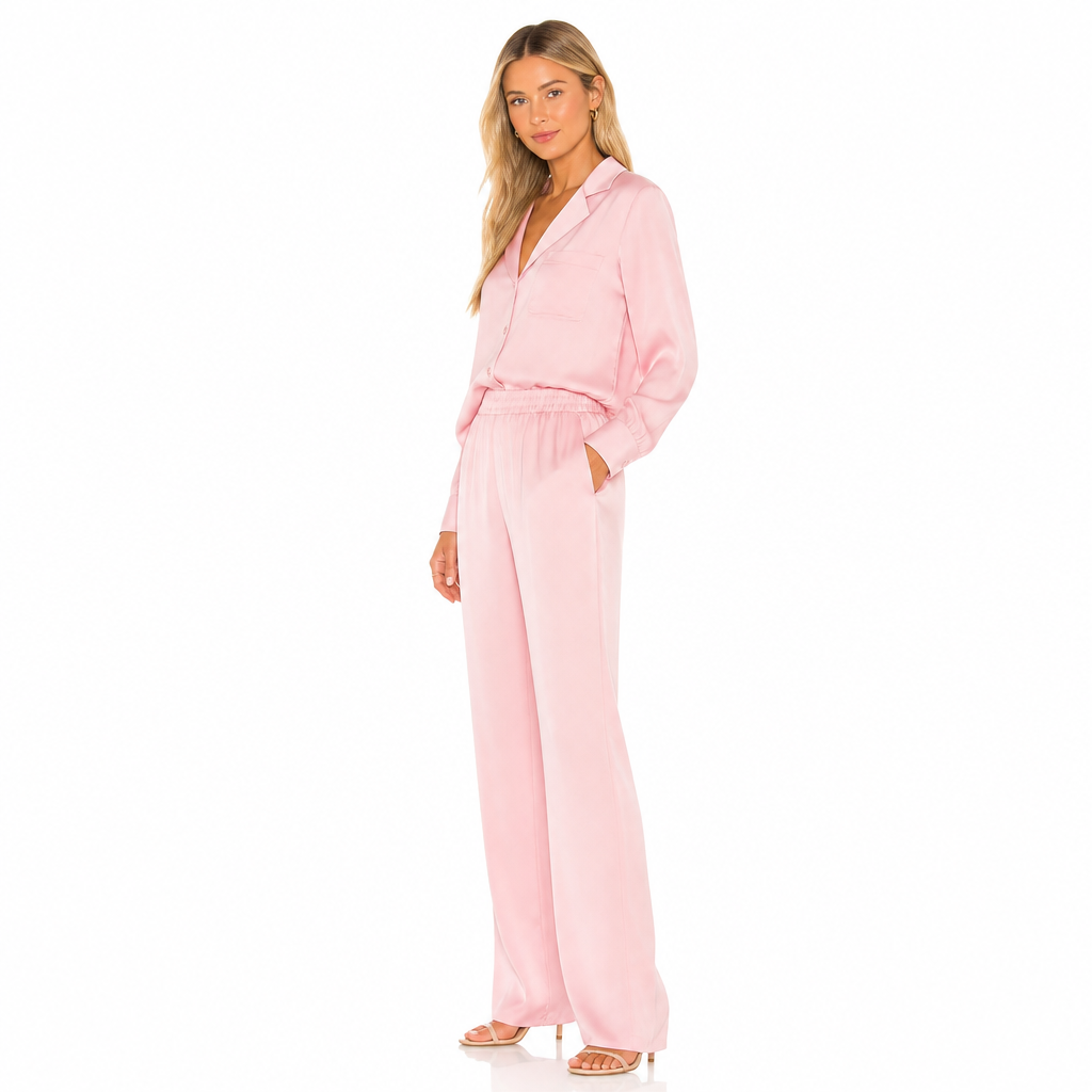 Women's pink lapel shirt and trouser set side view